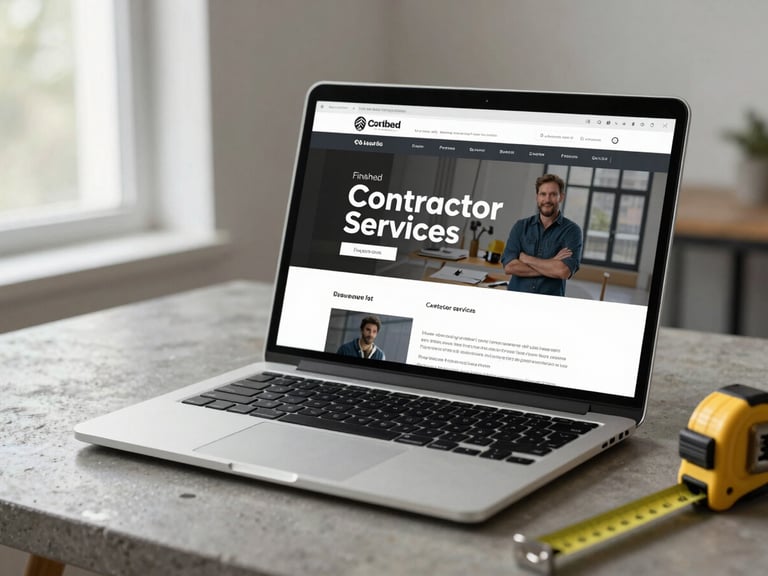 Medium shot of a laptop screen displaying a finished contractor services website at full scale, clean navigation and bold headline visible, placed on a concrete desk with a tape measure partially in frame, bright ambient daylight from a left window