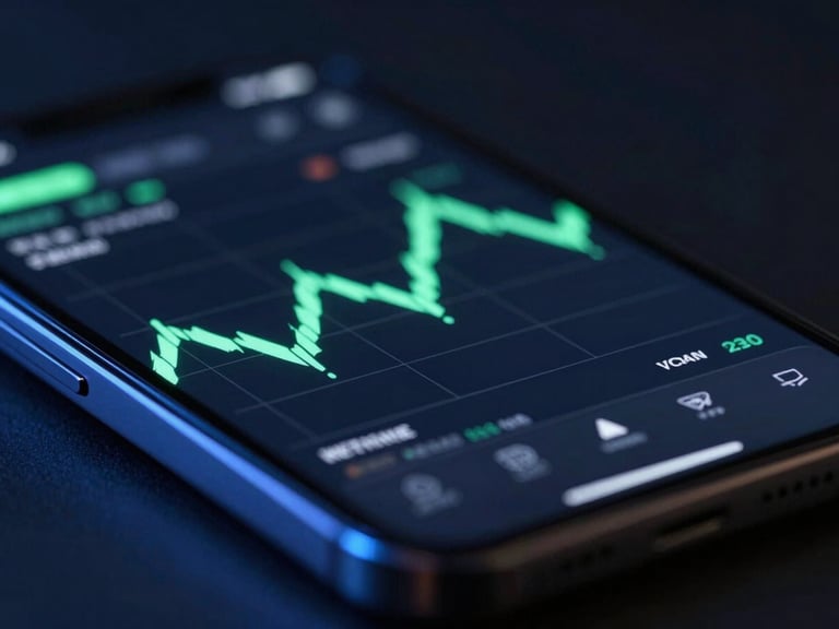 Macro shot of a smartphone displaying a dark-mode financial chart, neon green accents casting ambient light, sleek studio setup