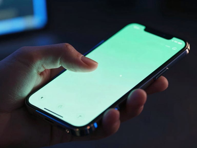 Macro close-up of a developer's hands testing a mobile app on an iPhone, glowing neon mint green light reflecting off the screen, dark studio environment, shallow depth of field.