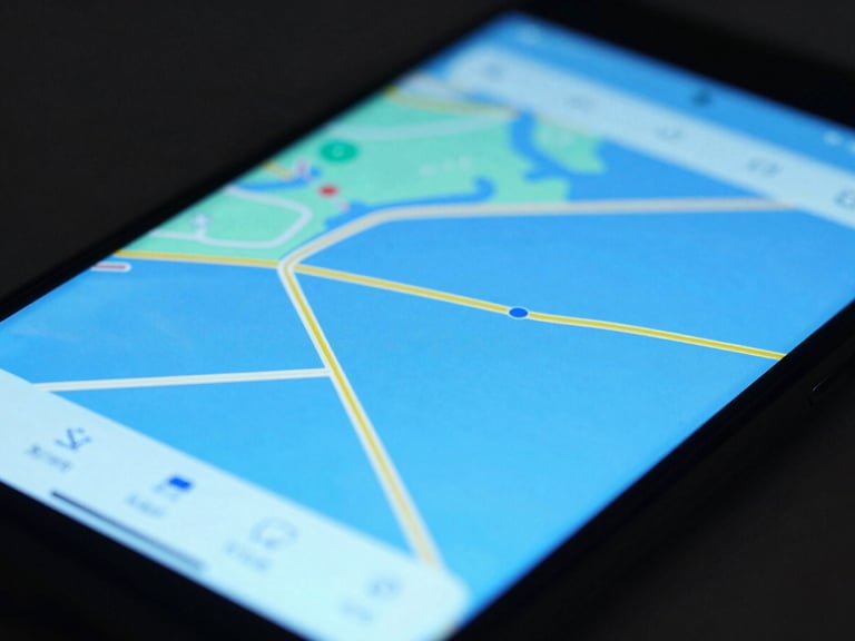 Extreme close-up of a mobile screen showing a map interface, neon blue ambient reflections, shallow depth of field