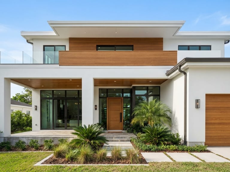 Crisp architectural elevation of a coastal modern home in Tampa, white stucco and warm oak accents, bright natural daylight, wide-angle lens