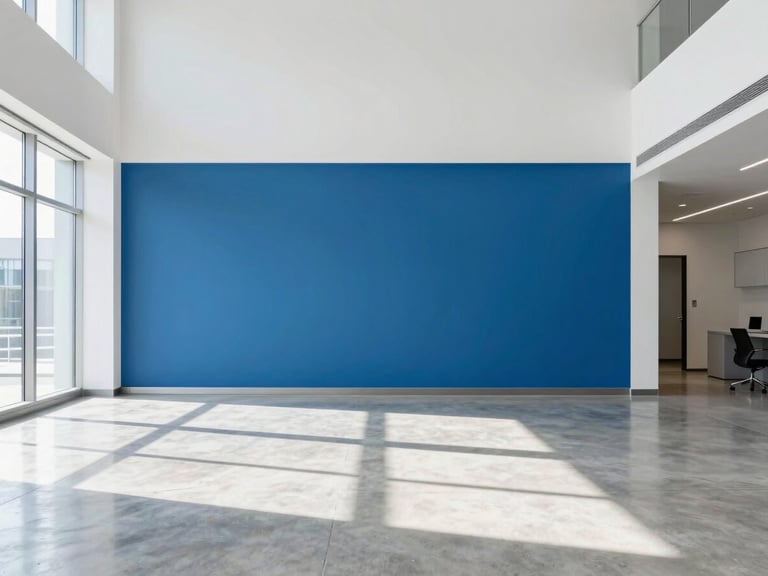 Bright high-key interior photography of an immaculate, modern office lobby, polished concrete floor reflecting natural daylight, minimalist blue accent wall, sharp architectural focus.