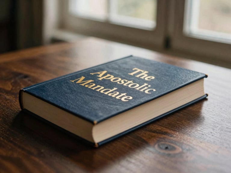 A high-end hardcover book with gold foil lettering titled 'The Apostolic Mandate' resting on a dark walnut desk, warm directional window light, cinematic depth of field.