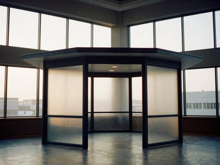 Architectural shot of a modern, light-filled leadership pavilion, clean lines, warm window light, 35mm film look, deep navy and gold tones.