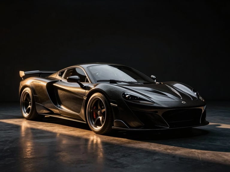 Sleek silhouette of a rare vintage sports car in a dark studio, dramatic golden-hour light reflecting off carbon fiber curves, high contrast, 35mm