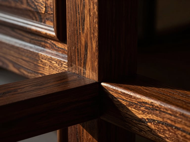 Extreme close-up of hand-carved dark oak timber joints, dramatic side-lighting revealing the deep grain and texture, architectural macro photography