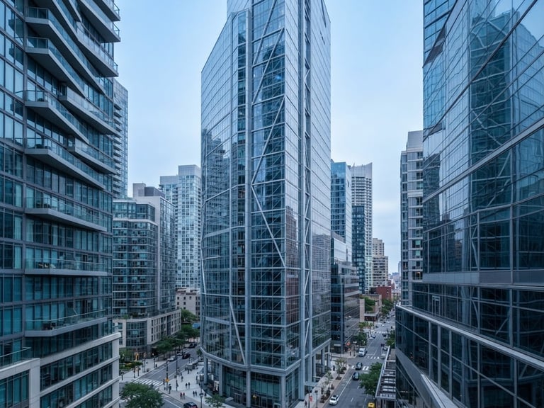 Bright architectural lines of a modern financial district, soft diffused daylight, cool blue tones, 50mm
