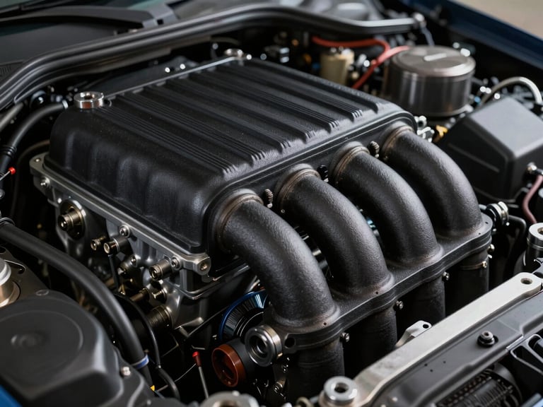 A custom black automotive manifold component fitted inside a clean engine bay, sharp focus on the precise layer lines, high-contrast professional studio lighting