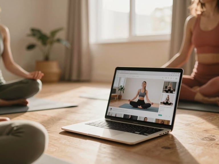 A serene home yoga space with a laptop displaying a live class, warm golden-hour light, shallow depth of field.