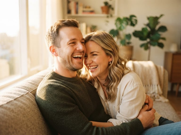 A candid, close-up shot of a couple laughing together in a warm, sun-drenched modern living room during golden hour, soft cinematic shadows, shallow depth of field, 35mm photography