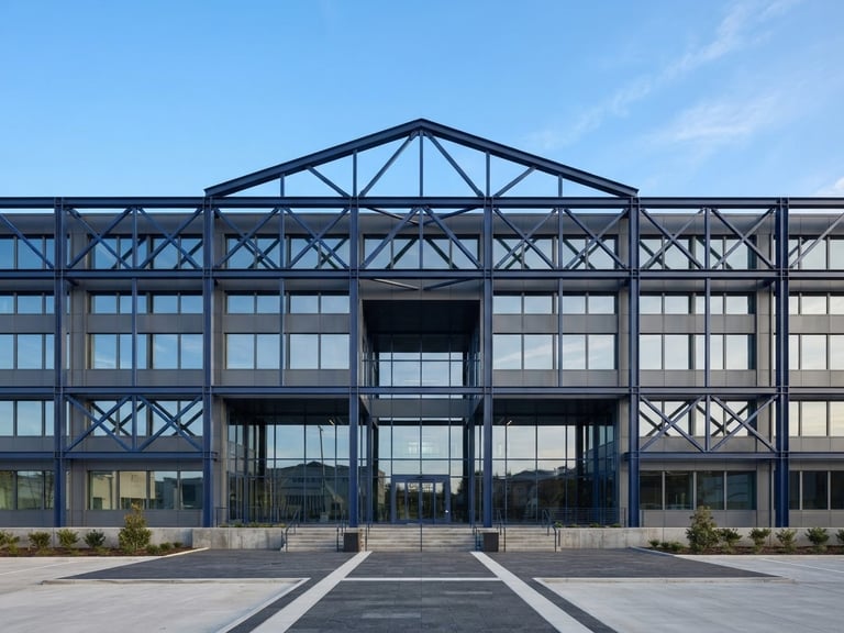 Symmetrical architectural shot of a modern clean framed building structure, crisp natural daylight, navy steel beams, 35mm lens