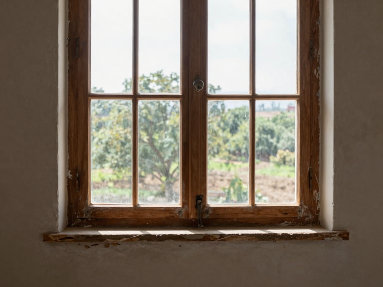 Wide interior shot of a restored original wooden window frame, natural daylight streaming through restored glass panes onto worn plaster walls, construction dust settled on sill, honest mid-restoration detail, no staging