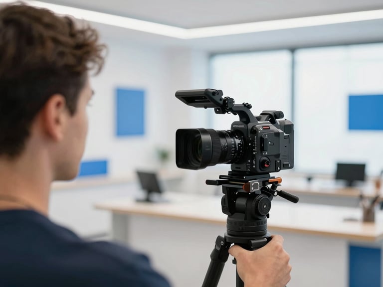 Over-the-shoulder shot of a professional camera filming a local craftsperson in a clean, modern workshop, crisp natural daylight with subtle blue studio accents, shallow depth of field