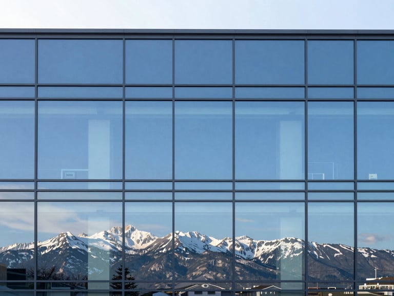 Wide shot of a minimalist corporate glass facade reflecting a bright blue sky and distant snow-capped mountain peaks, clean lines, high contrast.