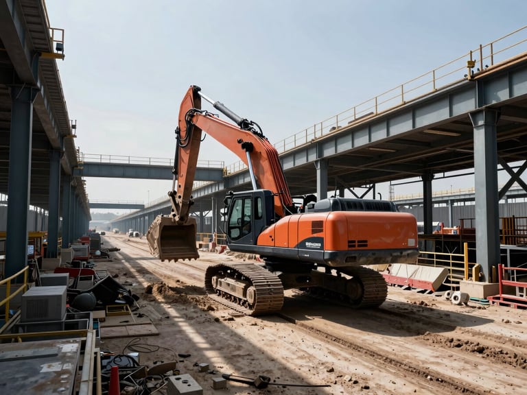 Wide-angle environmental shot of heavy machinery in motion on a massive transit corridor construction site, harsh high-contrast daylight, steel structures in background