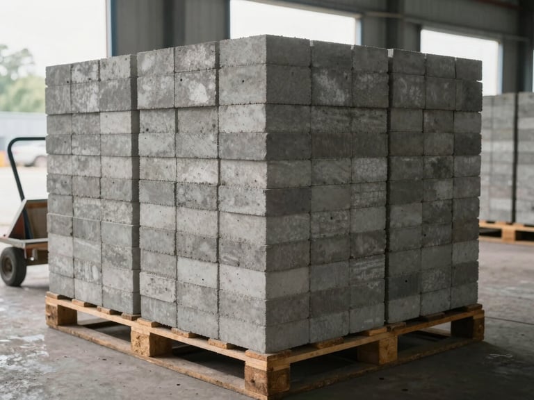Tall stacks of finished concrete bricks on wooden pallets at the edge of the production floor, neat courses of grey units, morning daylight from open factory doors in background, a hand-truck visible to one side, no posed workers
