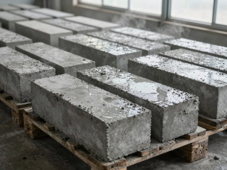 Rows of freshly pressed concrete bricks laid flat on production pallets in a covered curing area, humid air visible near the floor, overcast natural light through skylights, brick surfaces wet and uniformly grey