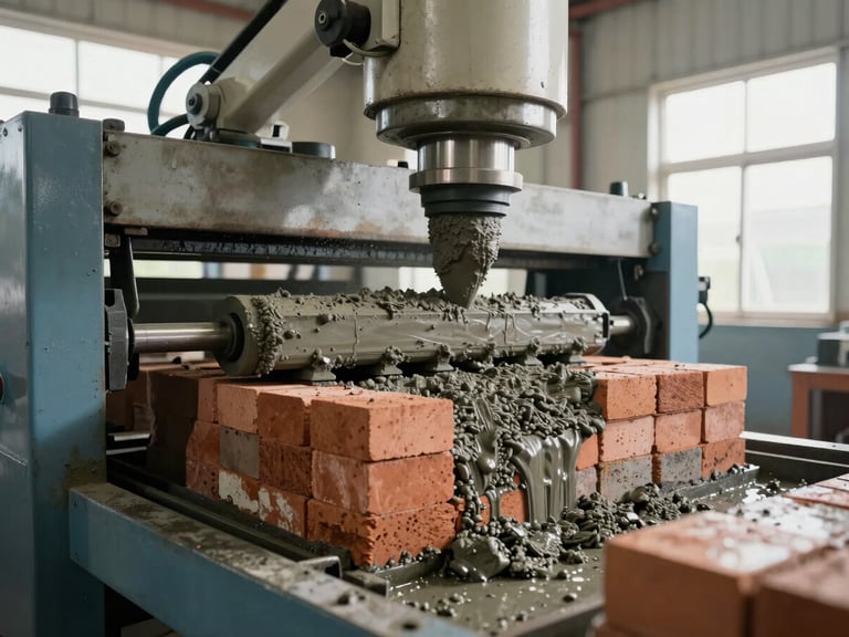 Wide shot from operator's perspective looking down at the vibro-compression brick machine mid-cycle, mold filled with wet concrete mix vibrating, machine frame and hydraulic arms visible, factory windows in background casting natural light across the scene