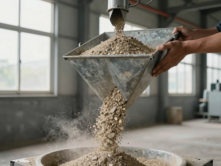 Close environmental shot of aggregate and sand being weighed and loaded into a hopper, hands guiding the chute, natural overcast daylight from factory windows, cement dust visible mid-air, industrial floor visible below