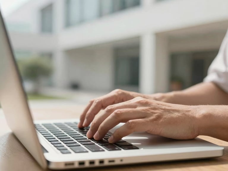 Close-up of hands typing on a laptop keyboard with a blurred background of a modern, clean European institutional building interior, natural daylight, hopeful bright tones, shallow depth of field, 35mm
