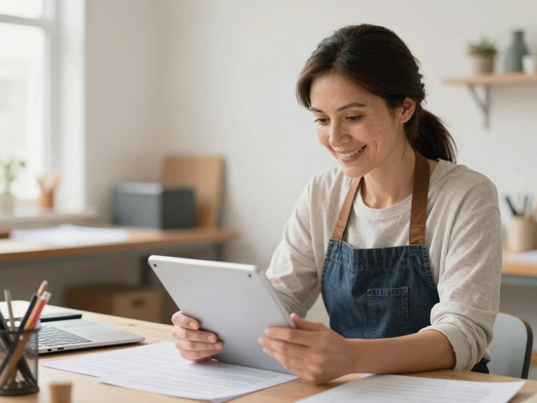 A small business owner, a woman in her 40s, reviewing documents on a tablet in her bright, clean workshop, hands visible, natural daylight, hopeful bright tones, shallow depth of field, 35mm