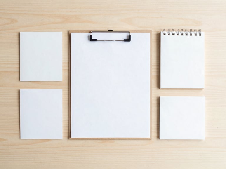 Precise top-down flat lay of organized stationery on a light wood desk, bright morning light, clean minimalist styling