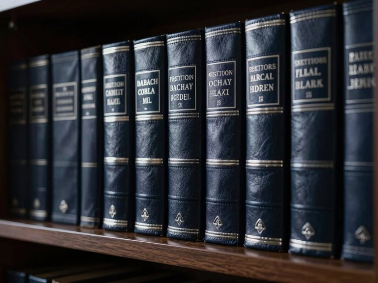 Close-up of leather-bound legal folios on a dark oak shelf, soft silver edge light, highly formal atmosphere