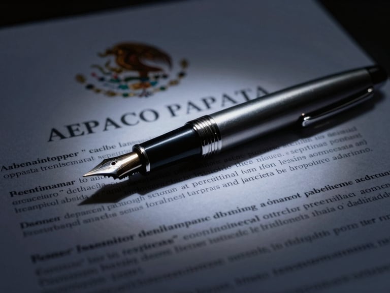 Macro shot of a high-end silver fountain pen resting on official Mexican constitutional amparo documents, low-key side-lighting, deep shadows