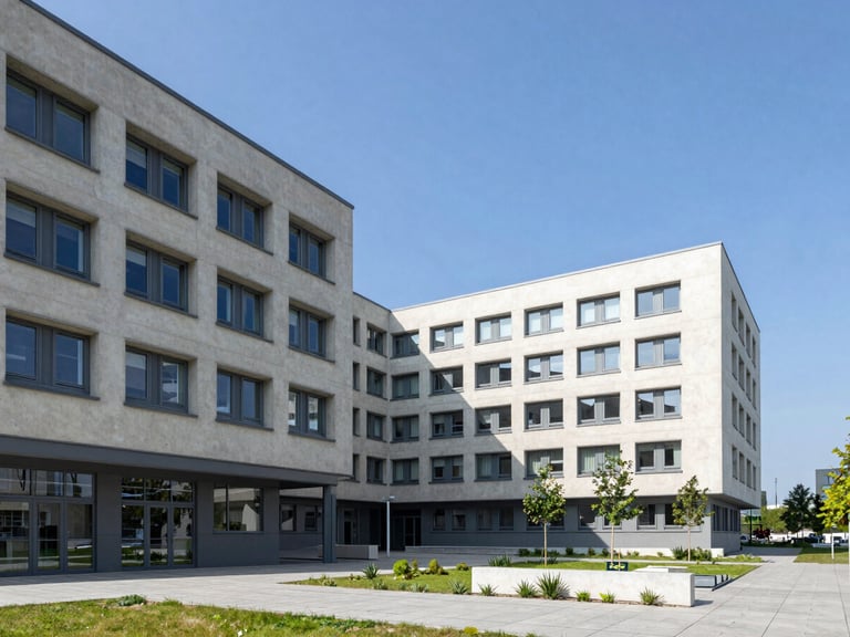 Wide environmental shot of a modern German university hospital campus, clean concrete architecture, blue sky, professional clinical setting.