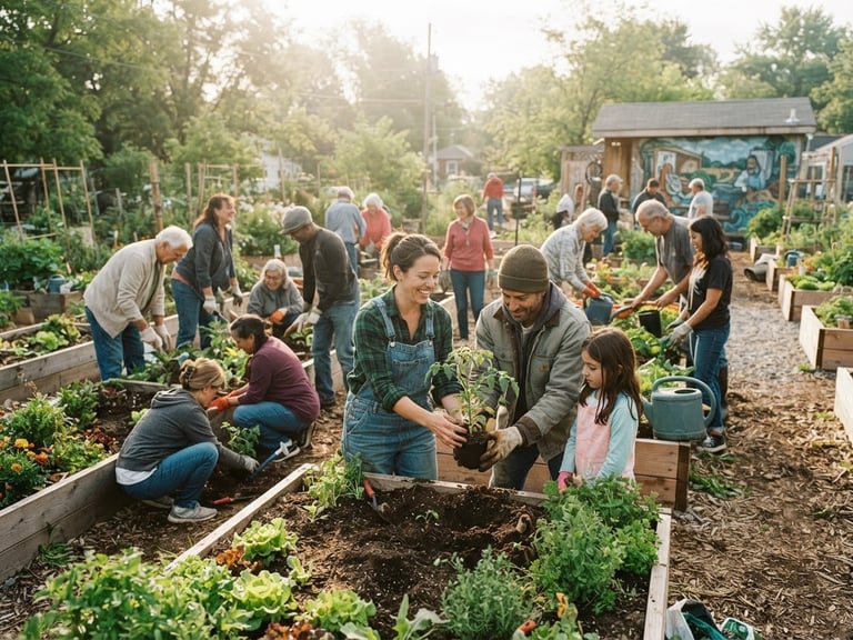Wide-angle warm documentary photo of volunteers and neighbors planting a community garden together, soft morning daylight, earthy tones, candid 35mm film aesthetic.