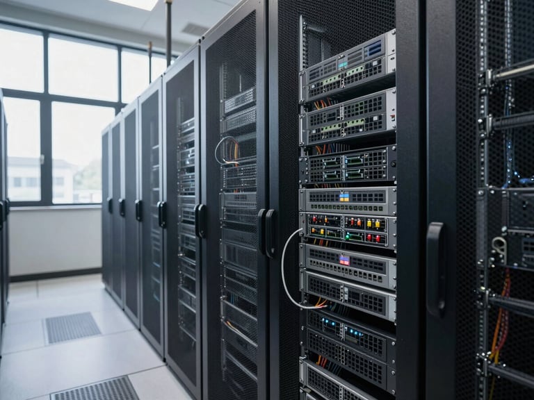Wide environmental shot of a controlled server infrastructure room, cool north-facing daylight filtering through industrial windows on the left, rows of rack-mounted embedded hardware receding into depth, clean cable management, dark steel surfaces, no people visible