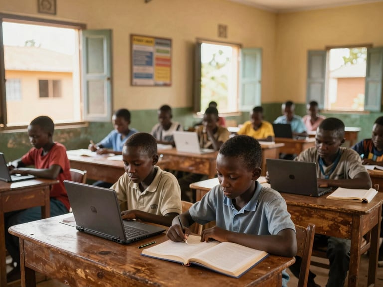 Wide environmental shot of a vibrant classroom in rural Ghana, students engaged with digital learning tools, warm natural light pouring through open windows