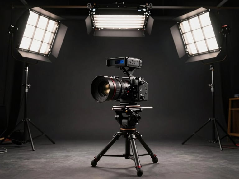 Wide cinematic shot of a professional dark studio, rigged overhead lighting grids casting dramatic directional light on a high-end camera package, dark background, technical atmosphere.