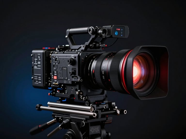 Low-key dramatic studio shot of a high-end cinema camera rigged with anamorphic prime lens, glowing red record light, dark background with subtle blue gel accents.