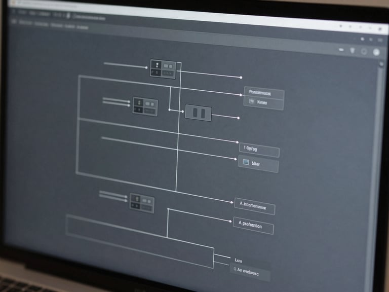 Tight macro detail of a structured system diagram on a sleek high-resolution screen, cool slate and steel tones, sharp focus, 35mm