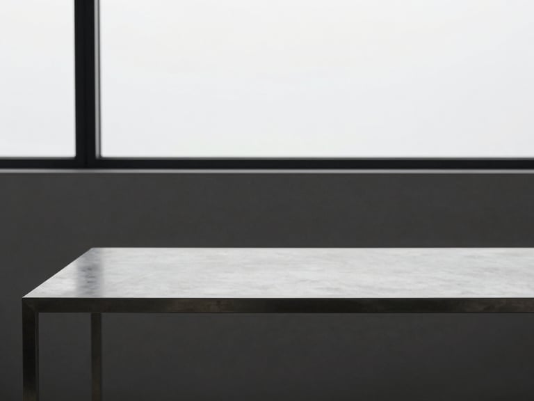 Minimalist modern workspace with a clean metal desk, cool architectural window light, desaturated tones, sharp focus, 35mm