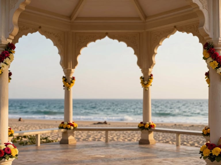 Close-up of vibrant floral decorations and traditional Indian textiles used for a pre-wedding social event on the pavilion, with soft focus on the coastal background, golden hour light.