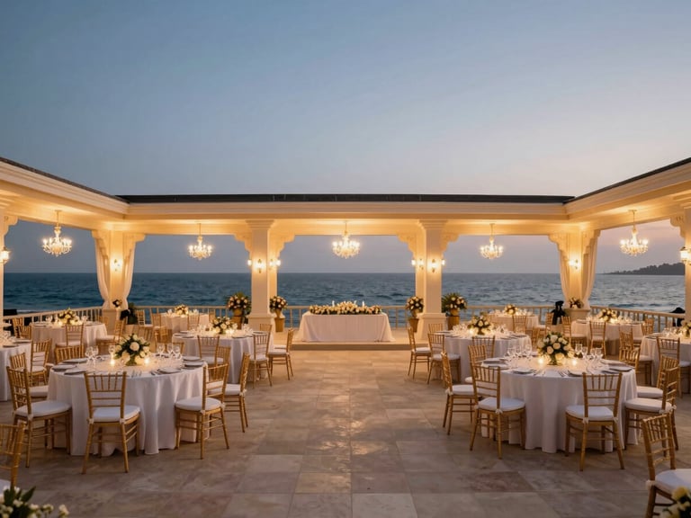 Wide shot of a beautifully decorated wedding reception setup on the open-air pavilion, with elegant dining tables, chandeliers, and the active Puthiyappa Harbour in the background at twilight, warm architectural uplighting, 35mm wide-angle architectural lens.