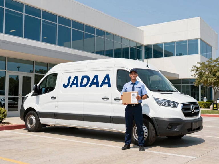 Branded JADAA white fleet vehicle parked outside a modern office building in Pflugerville, professional courier in uniform holding a secure document package, wide environmental shot, bright natural Texas daylight.