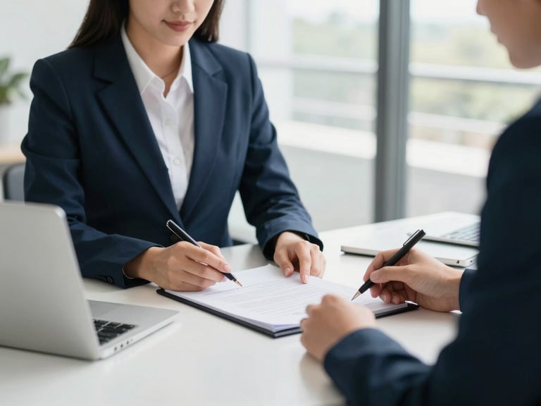 Professional notary public reviewing documents with a client in a modern, well-lit office in Austin, close-up on hands and documents, bright natural Texas daylight.