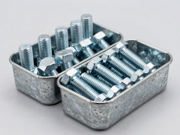Crisp industrial product photography of heavy-duty steel bolts and high-tensile fasteners organized in steel bins, bright clean studio lighting, neutral grey background, sharp focus