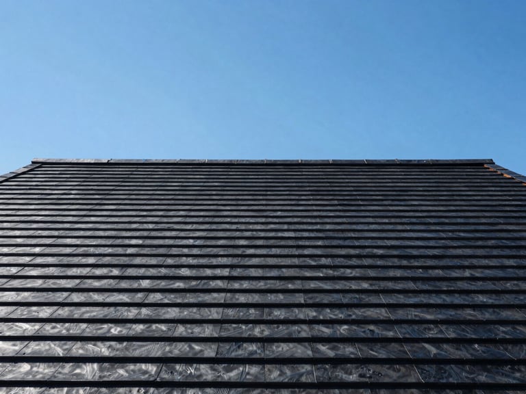 Wide architectural shot of a residential roofing project under clear skies, high contrast, crisp lighting.
