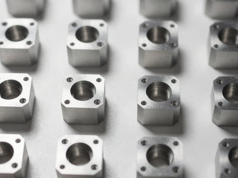 Extreme close-up overhead flat-lay of precision CNC-machined aluminium components arranged in a grid on a white inspection surface, sharp edges visible, batch numbers etched on parts, controlled studio strobe lighting, no people, steel and aluminium tones
