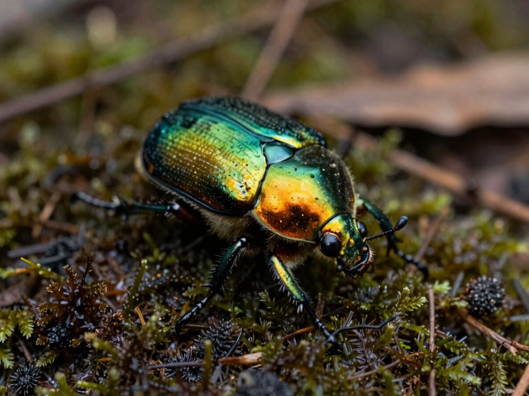 Macro shot of a jewel beetle with iridescent green and gold shell resting on damp dark moss, natural forest light, 100mm lens