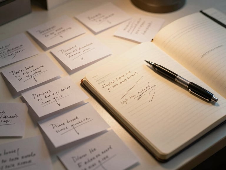 Close overhead view of a cluttered writing desk — scattered index cards with handwritten sketch titles, a worn notebook open to a page of crossed-out lines, a single pen resting diagonally, under warm tungsten lamp light casting soft shadows across the cards