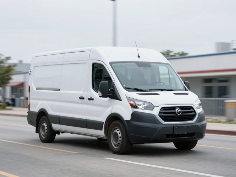 Medium-wide shot of a clean white cargo van driving through a bright, overcast Chicago street, sharp focus, 35mm