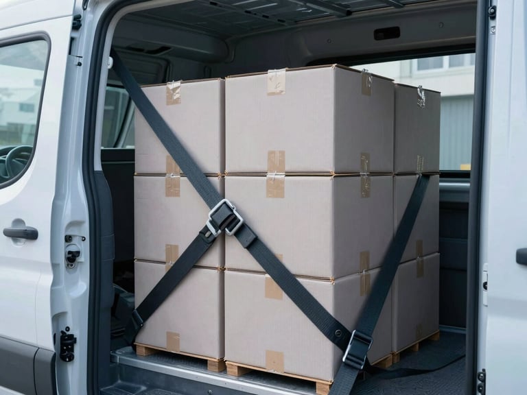 Close-up of a secured cargo van interior, clean steel walls, heavy-duty tie-down straps holding neatly stacked professional boxes, cool morning daylight