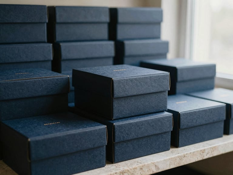 High-end physical packaging boxes made of textured dark navy cardboard with minimal gold typography, arranged neatly on a stone shelf under soft daylight