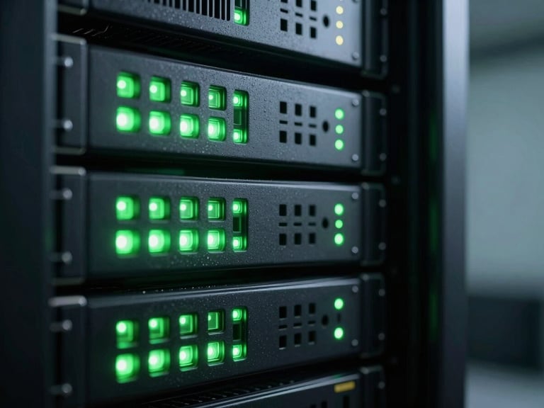 Tight macro shot of a sleek server rack in a cool-toned room with sharp neon-green glow from indicators, high contrast, moody technical photography