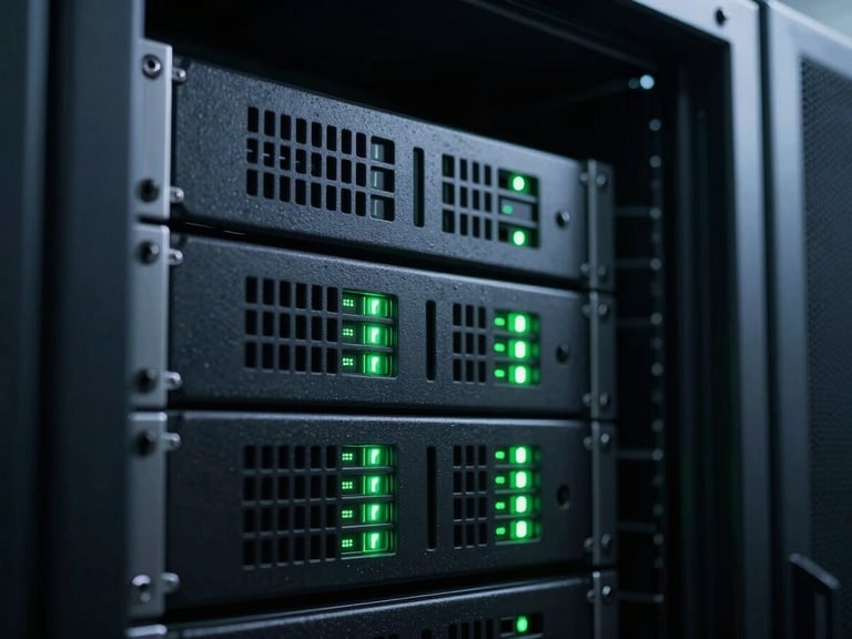 Tight macro shot of a sleek server rack in a cool-toned server room, glowing neon-green status indicators, dark ambient shadows, high contrast.